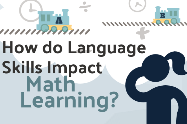 The words "How do Language Skills Impact Math Learning?" appear before a graphic of two trains and a young female student thinking