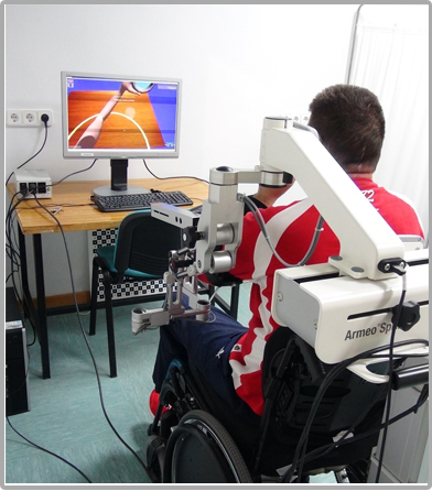 A patient using a virtual reality therapy device.