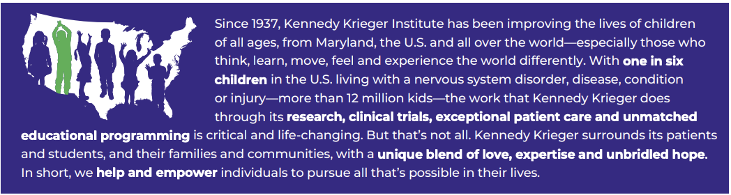 Purple graphic showing a white outline of the U.S. with kids inside the map. It is justified next to the following text: Since 1937, Kennedy Krieger Institute has been improving the lives of children of all ages, from Maryland, the U.S. and all over the world-especially those who think, learn, move, feel and experience the world differently. With one in six children in the U.S. living with a nervous system disorder, disease, condition or injury-more than 12 million kids-the work that Kennedy Krieger does through its research, clinical trials, exceptional patient care and unmatched educational programming is critical and life-changing. But that's not all. Kennedy Krieger surrounds its patients and students, and their families and communities, with a unique blend of love, expertise and unbridled hope. In short, we help and empower individuals to pursue all that's possible in their lives. 