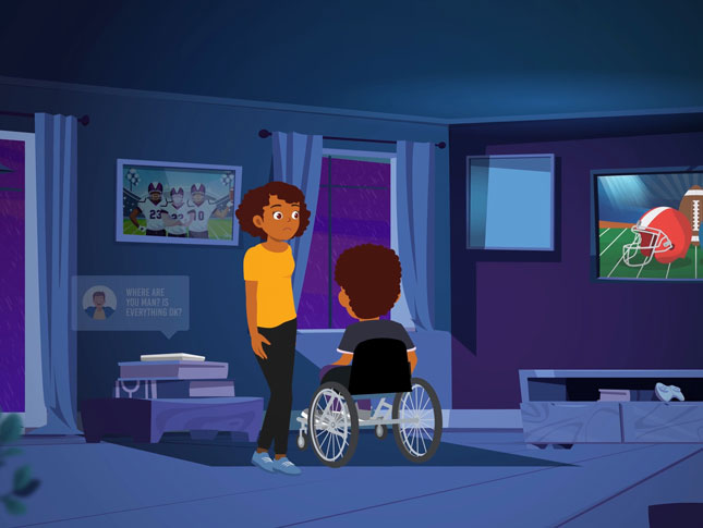 An animation still showing a concerned mother talking to her son. The son is seen from behind sitting in his wheelchair.