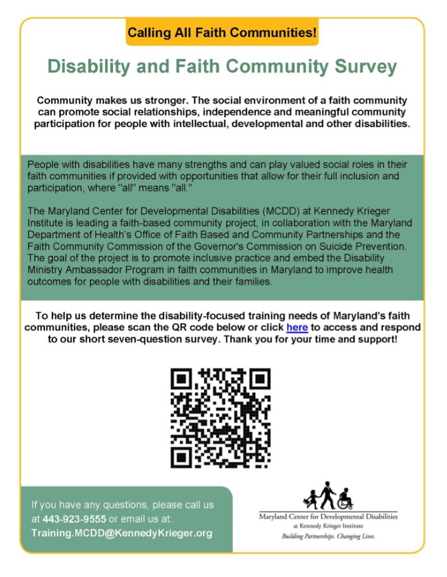 Disability and Faith Community Survey flyer.