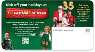 Back of the 35th Festival of Trees direct mail postcard.