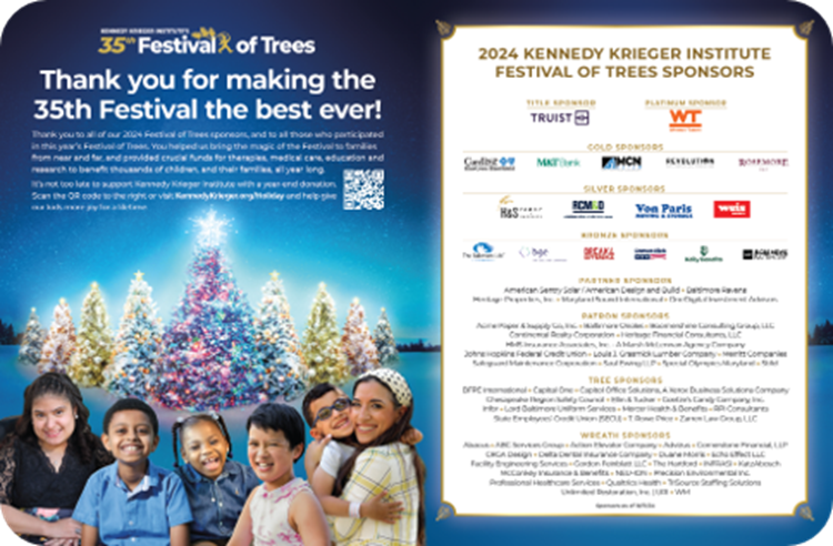 Two page Thank You ad, featuring images of Kennedy Krieger patients and students superimposed in front of lighted Christmas trees on one page and a list of sponsors on the other.