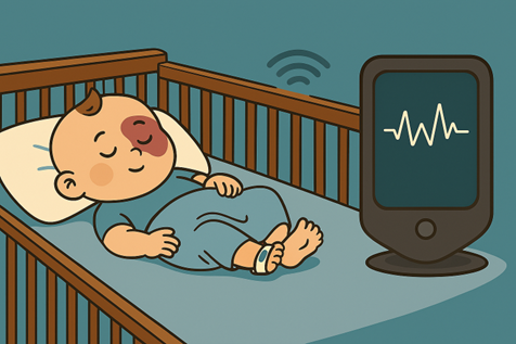 Illustration of a sleeping infant with Sturge-Weber syndrome being monitored using an infant monitoring device to detect seizures during the night.