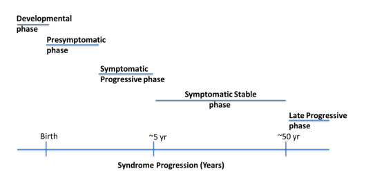 Sturge-Weber Syndrome progression over years. Developmental phase, followed by pre-symptomatic, symptomatic progressive and symptomatic stable phase. The last phase is late progressive, which begins around age 50.