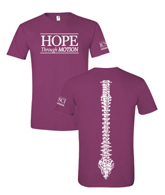 Burgundy short sleeve Hope Through Motion t-shirt. 