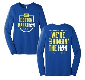 The front and back of a blue long sleeved Boston Marathon participant shirt. On the back, it says "We're Bringin' The Hon" in yellow and white letters.