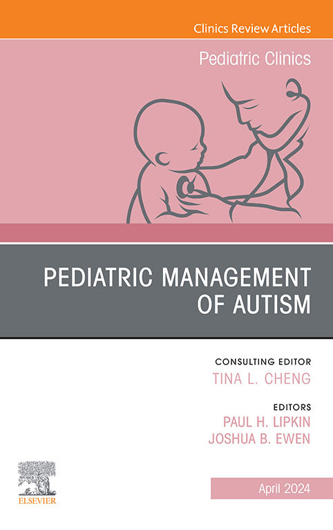 Tapa de Pediatric Management of Autism. El título se muestra en una tipografía de color blanco, contra un fondo gris, debajo de una figura en negro de un médico dando tratamiento a un niño, contra un fondo rosa.