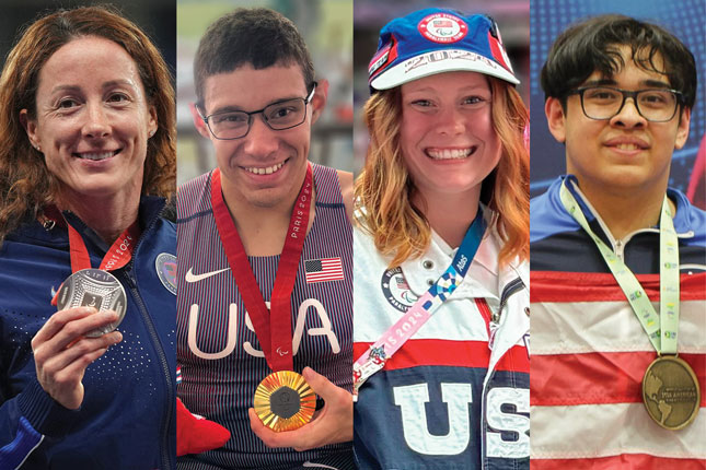 A collage showing Tatyana McFadden, Daniel Romanchuk, Taylor Winnett and Noah Hassan, four Paralmypians who once competed for the Bennett Blazers, Kennedy Krieger's adaptive sports team.