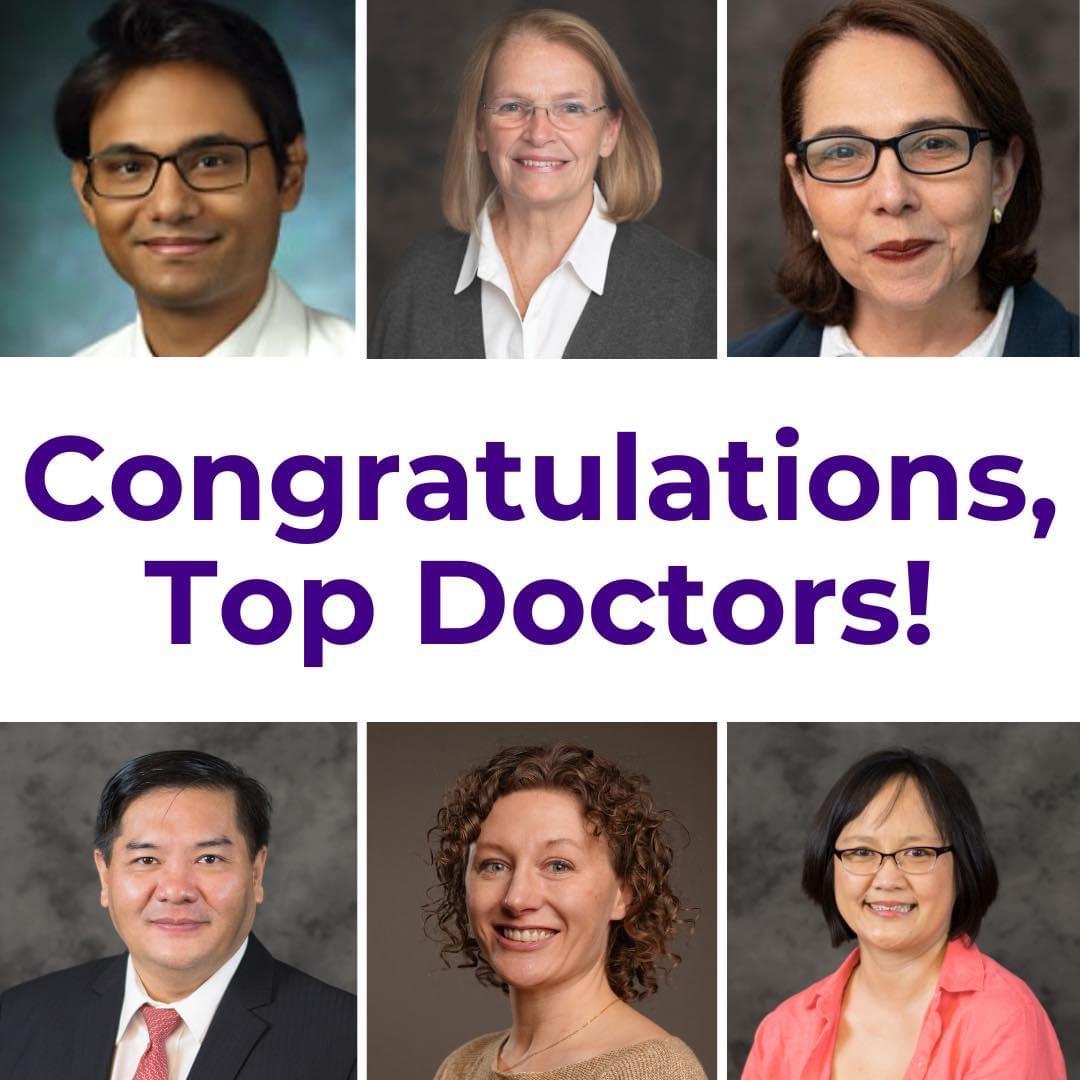 Congratulations, Top Doctors! between two rows with three professional headshots. The headshots in the top row, from left to right: Dr. Siddarth Gupta, Dr. Mary Leppert, Dr. Carmen Lopez-Arvizu. Bottom row, left to right: Dr. Albert Recio, Dr. Heather Riordan, Dr. Joyce Wong.