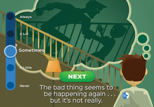 A screenshot from the app. It shows an illustration of a boy, with the text, "The bad thing seems to be happening again... but it's not really."