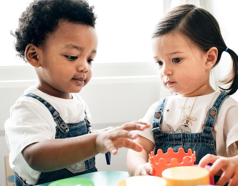 Two toddlers playing with blocks.