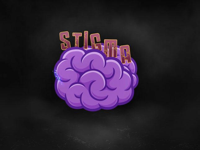 A light purple avatar of a brain against a black backdrop. The word STIGMA runs across the top of the brain in burgundy and gold letters.
