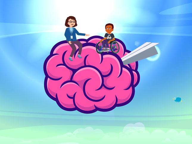 Two avatars, one of Dr. Lopez and the other of a young Chris, sit atop a pink brain as it floats through a brightly colored setting.