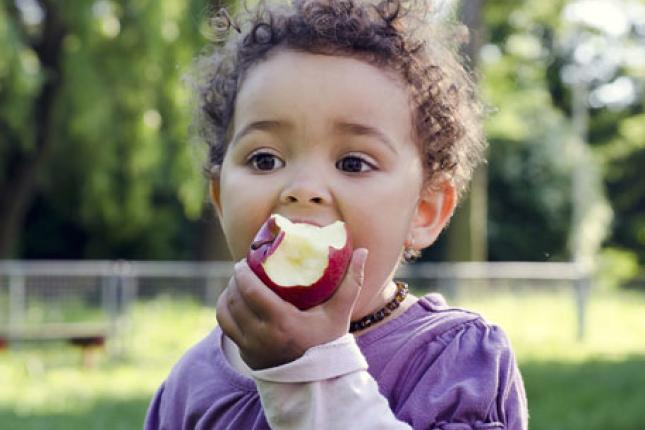 A young child eating an apple.