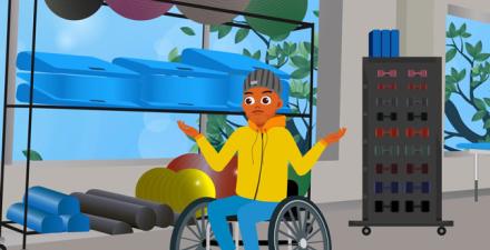An animated aviator of Chris sits in a wheelchair inside a gym.  