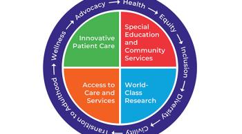 The inner circle is divided into quadrants: A green quadrant reads “Innovative Patient Care,” a red reads “Special Education and Community Services,” a blue reads “World-Class Research” and an orange reads “Access to Care and Services.” The outer circle is dark purple and has eight words or phrases written around it, each separated by a clockwise arrow. The words and phrases are: “Health,” “Equity,” “Inclusion,” “Diversity,” “Civility,” “Transition to Adulthood,” “Wellness” and “Advocacy."