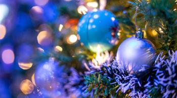 Closeup of Christmas ornaments hanging on a brightly lit tree.