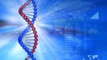 DNA strands superimposed against the map of the world. To the right of the strands are a series of a data.